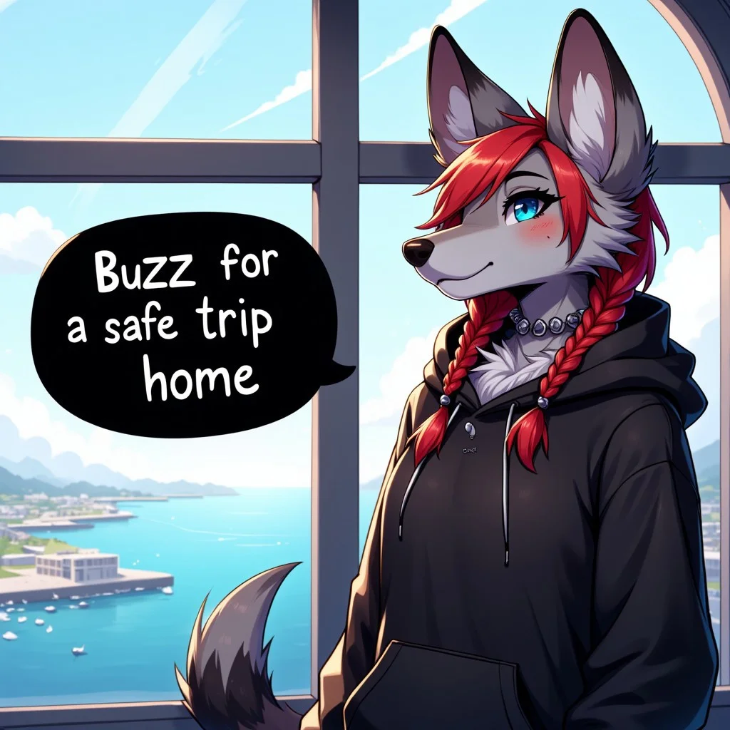 the words in a black word bubble with white text saying. "Buzz for a safe trip home"
female hyena with blue eyes red hair red braids, grey fur, black spots wearing a spike collar black hoodie. She is looking out a window in a airport, furry, ocean,