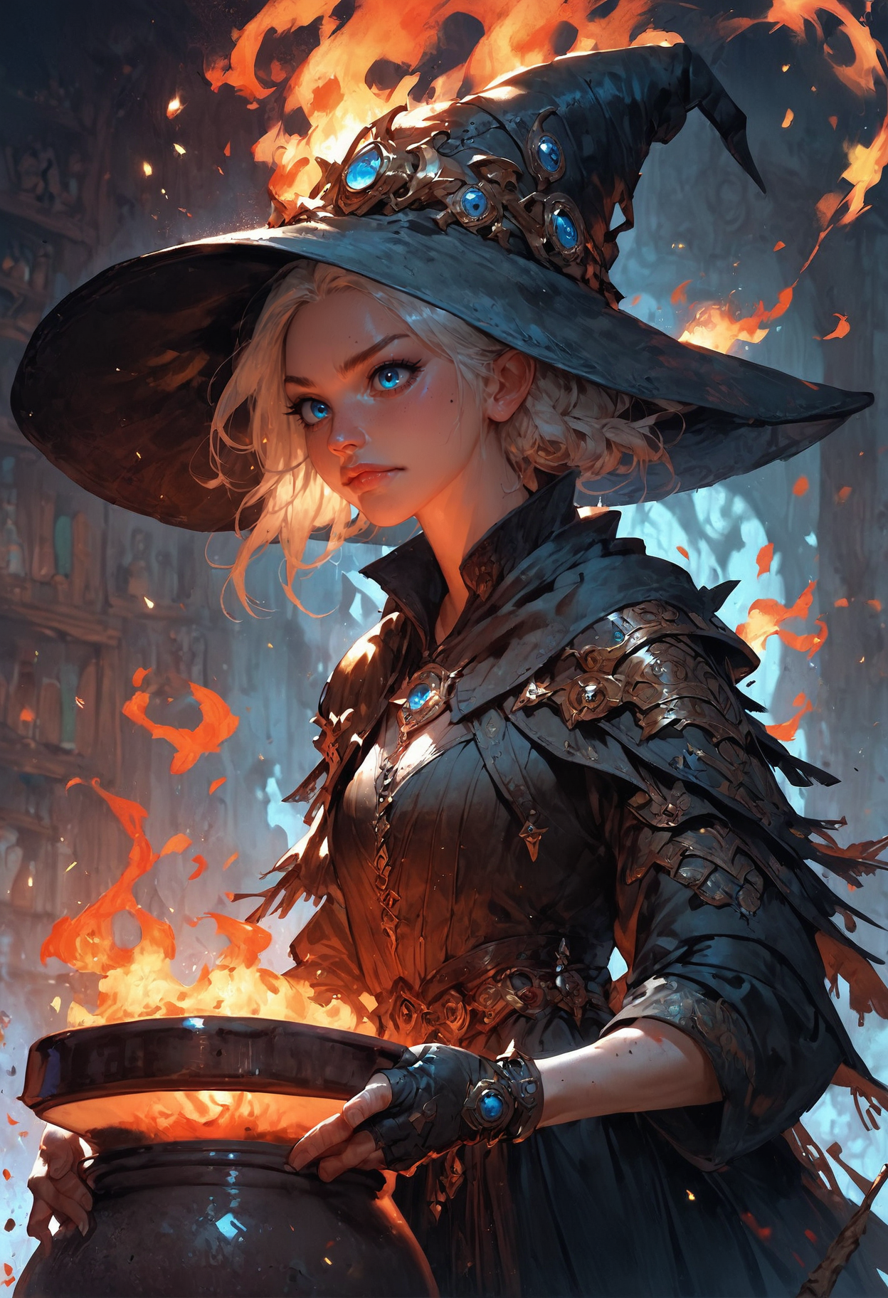 score_9, score_8_up, score_7_up, score_6_up, score_5_up, score_4_up,<lora:Fant5yP0ny:0.8>, 1girl, black dress, cauldron, witch hat, fingerless fiery gloves, blue eyes, fire, fantasy,solo focus,epic
