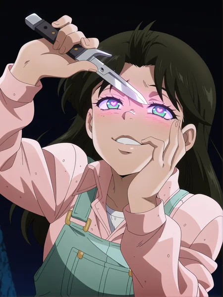 masterpiece, best quality, amazing quality, absurdres, newest, dynamic_angle, defined facial features, anime coloring, anime screencap,
<lora:Anne_Merlai_IL1.1v0:1> merlai anne, pink shirt, green overalls, white undershirt, upper body, yandere trance, glowing eyes, dark background, heart-shaped pupils, holding switchblade knife,