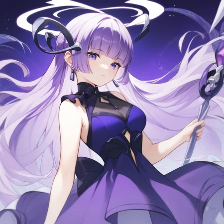 score_9, score_8_up, score_7_up, Sinestrea_Wave, 1girl,  long hair, dress, jewelry, medium breasts, long hair, purple hair, earrings, sleeveless,  blunt bangs, sleeveless dress, halo, polearm, purple dress,