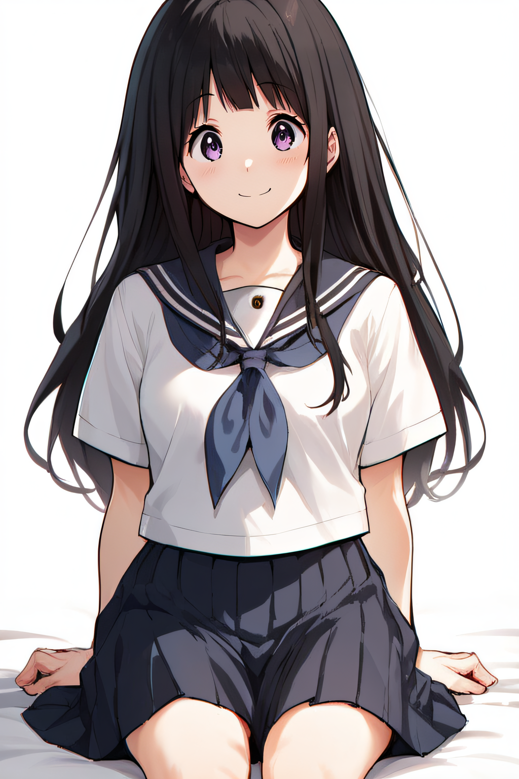 score_9, score_8_up, score_7_up, score_6_up, score_5_up, score_4_up, BREAK source_anime, masterpiece, best quality, ultra quality, <lora:Chitanda_Eru-02:1>, chitanda, black hair, long hair, purple eyes, simple background, frontal view, looking at viewer, blush, frontal view, white shirt, blue neckerchief, serafuku, pleated skirt, arms at sides, smile, sitting, five fingers, short sleeves