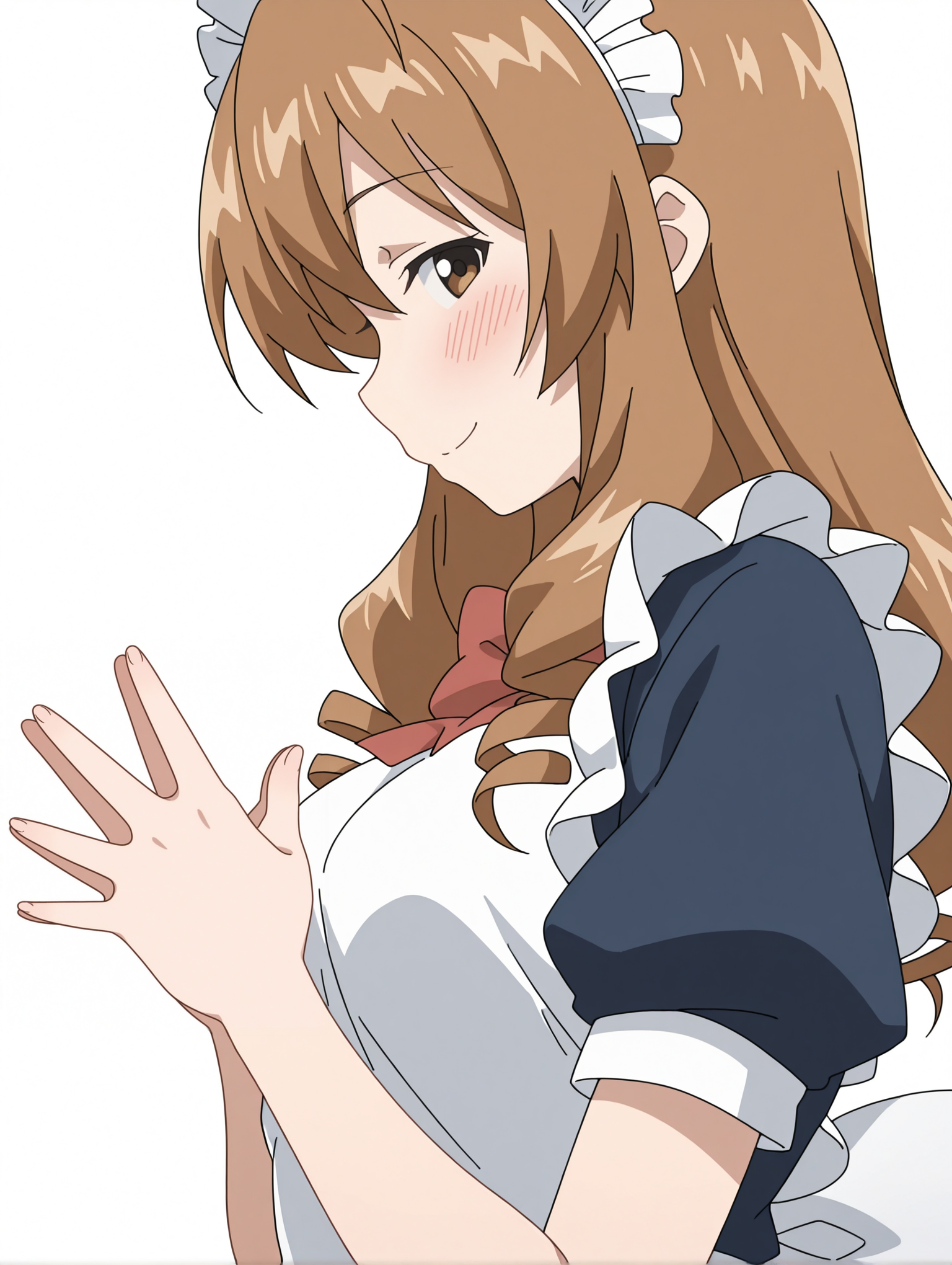 masterpiece,best quality,newest,
1girl,solo,
<lora:tokita_ayumi_ilxl_v1.1:1>,ayumi,a_m_clothes,maid headdress,apron,blue maid outfit,embarrass,<lora:Fixhands_anime_bdsqlsz_V1:1>,white_background,simple_background,looking_at_viewer,smile,light_blush,face_focus,upper_body,steepled fingers,profile,