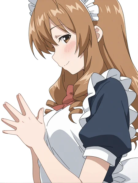 masterpiece,best quality,newest,
1girl,solo,
<lora:tokita_ayumi_ilxl_v1.1:1>,ayumi,a_m_clothes,maid headdress,apron,blue maid outfit,embarrass,<lora:Fixhands_anime_bdsqlsz_V1:1>,white_background,simple_background,looking_at_viewer,smile,light_blush,face_focus,upper_body,steepled fingers,profile,