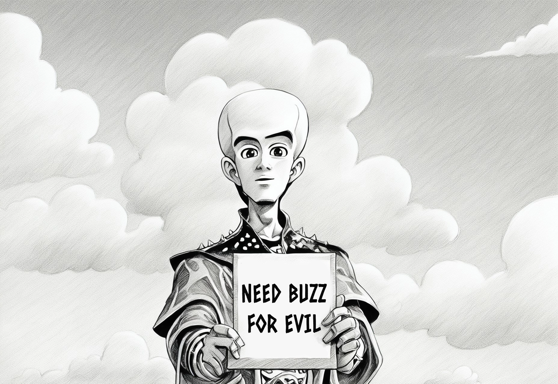 monochrome, greyscale, traditional media,masterpiece, best quality, very aesthetic, solo, looking at viewer, 1boy, male focus, sky, cloud, english text,official style, araki hirohiko (style), MegamindXL, need_buzz, holding sign,Buzz2,bald