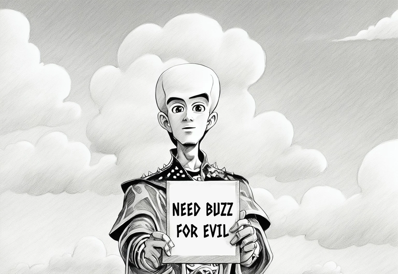 monochrome, greyscale, traditional media,masterpiece, best quality, very aesthetic, solo, looking at viewer, 1boy, male focus, sky, cloud, english text,official style, araki hirohiko (style), MegamindXL, need_buzz, holding sign,Buzz2,bald