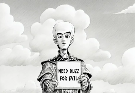 monochrome, greyscale, traditional media,masterpiece, best quality, very aesthetic, solo, looking at viewer, 1boy, male focus, sky, cloud, english text,official style, araki hirohiko (style), MegamindXL, need_buzz, holding sign,Buzz2,bald