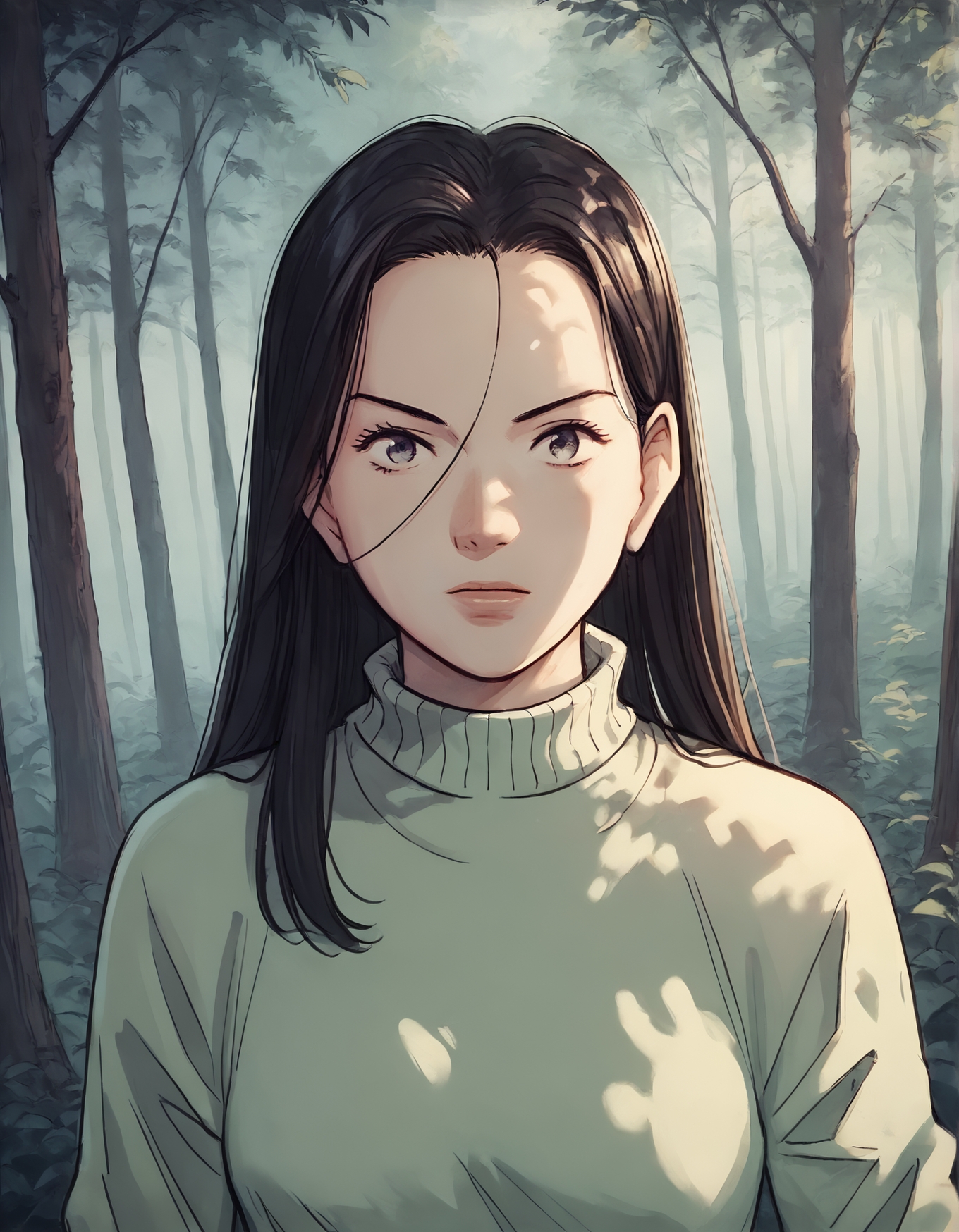 score_9, score_8_up, score_7_up,score_6_up,high resolution,n4a0kistyle,1girl,forest,black hair,long hair,sweater,volumetric lighting,rim lighting,dof,dramatic shadow,looking at viewer,upper body,dynamic pose,looking at viewer,pov,front view,standing