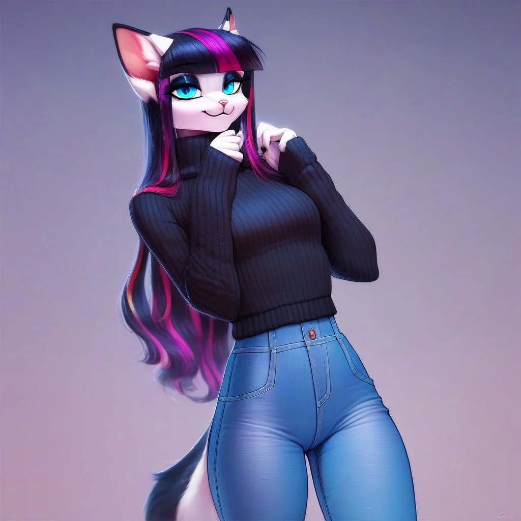 digital_media_(artwork) hi_res, score_9, score_8_up, score_7_up, score_6_up, score_5_up, score_4_up, rating_safe, beautiful, intricate, high quality details, highly detailed, anthro, furry, female, detailed textured fur, fur tufts, fluffy, slim, slender, cute, sweater, baggy denim pants, detailed sexy eyes, smile, solo, SFW, cat, long hair, multicolored hair, streaked hair, absurdres, highres, goth, heavy eyeliner, heavy eye shadow, breasts,