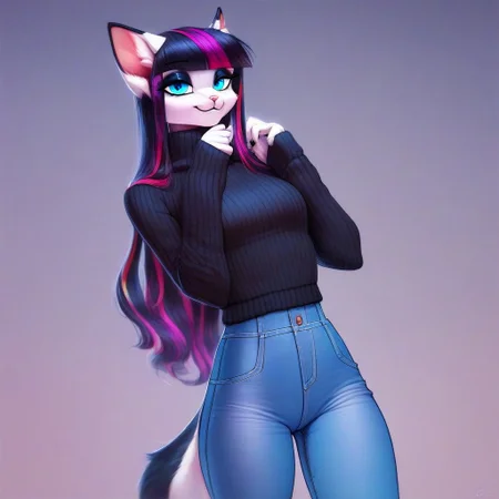 digital_media_(artwork) hi_res, score_9, score_8_up, score_7_up, score_6_up, score_5_up, score_4_up, rating_safe, beautiful, intricate, high quality details, highly detailed, anthro, furry, female, detailed textured fur, fur tufts, fluffy, slim, slender, cute, sweater, baggy denim pants, detailed sexy eyes, smile, solo, SFW, cat, long hair, multicolored hair, streaked hair, absurdres, highres, goth, heavy eyeliner, heavy eye shadow, breasts,