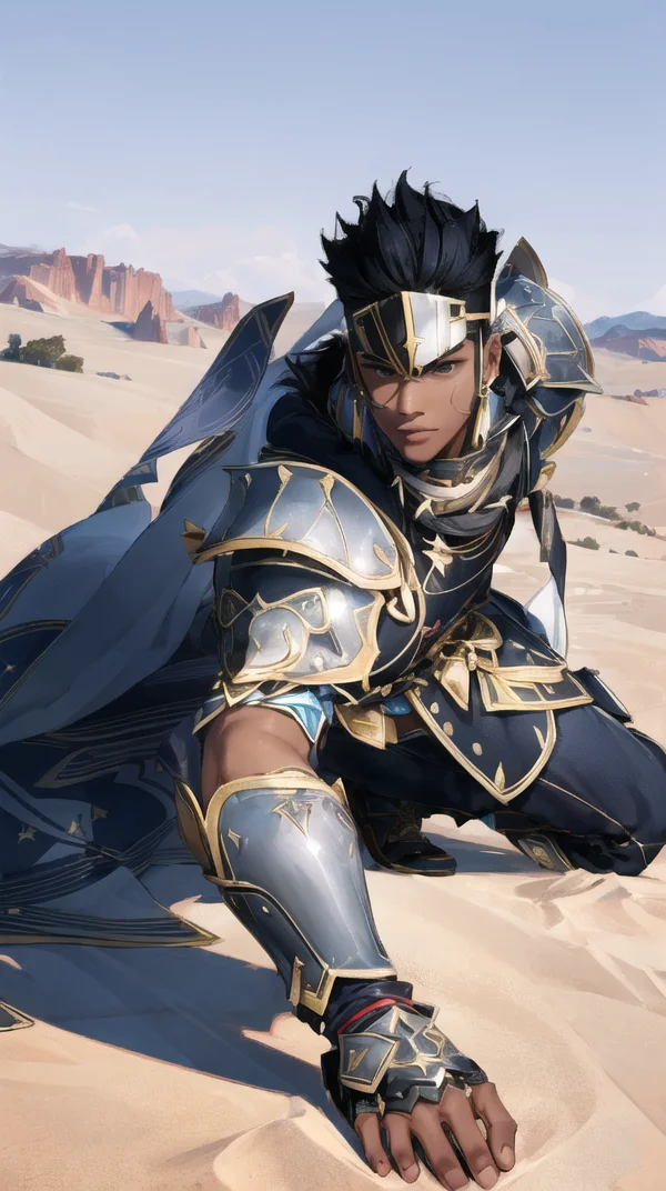 BDOboy, 1boy, armor, dark skin, head jewelry, bald,
(extremely detailed CG unity 8k wallpaper, masterpiece, best quality, ultra-detailed, best shadow, volumetric lighting), High contrast, (best illumination),
mksks style, desert, outdoors,
