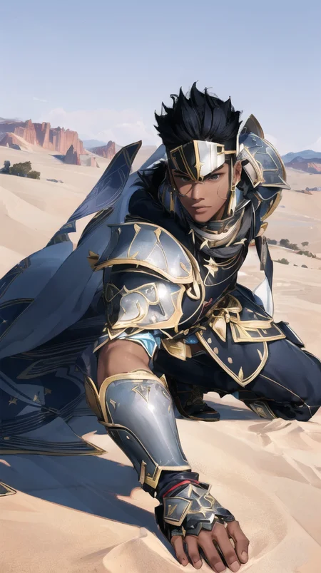BDOboy, 1boy, armor, dark skin, head jewelry, bald,
(extremely detailed CG unity 8k wallpaper, masterpiece, best quality, ultra-detailed, best shadow, volumetric lighting), High contrast, (best illumination),
mksks style, desert, outdoors,