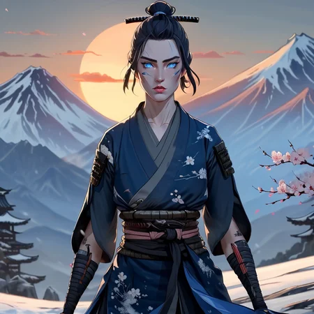 masterpiece, best quality, <lora:add-detail-xl:1> <lora:ArsMJStyleSDXL_-_AnimeC:1> A stoic female samurai with piercing blue eyes, standing atop a snow-covered mountain peak at dawn. Her indigo kimono and armor gleam in the rising sun, katana drawn and ready. Cherry blossoms swirl in the wind around her, contrasting with the rugged landscape.