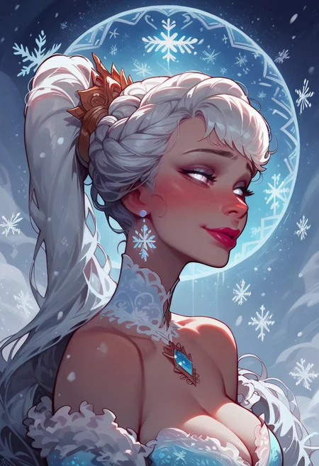 score_9, score_8_up, score_8. score_9, score_8_up, score_7_up, score_6_up, masterpiece, 4k, high quality, (best quality:1.1), ExpressiveH,
1girl, solo, exotic goddess of randomness, white eyes, hourglass body type, huge breasts, light blue skin with glowing white lines, seductive smile, absurdly long wavy hair, side ponytail, white hair with blue tips, wearing a divine gown made of translucent ice, adorned with floating snowflakes, standing in a frozen landscape of towering glaciers and icy winds.