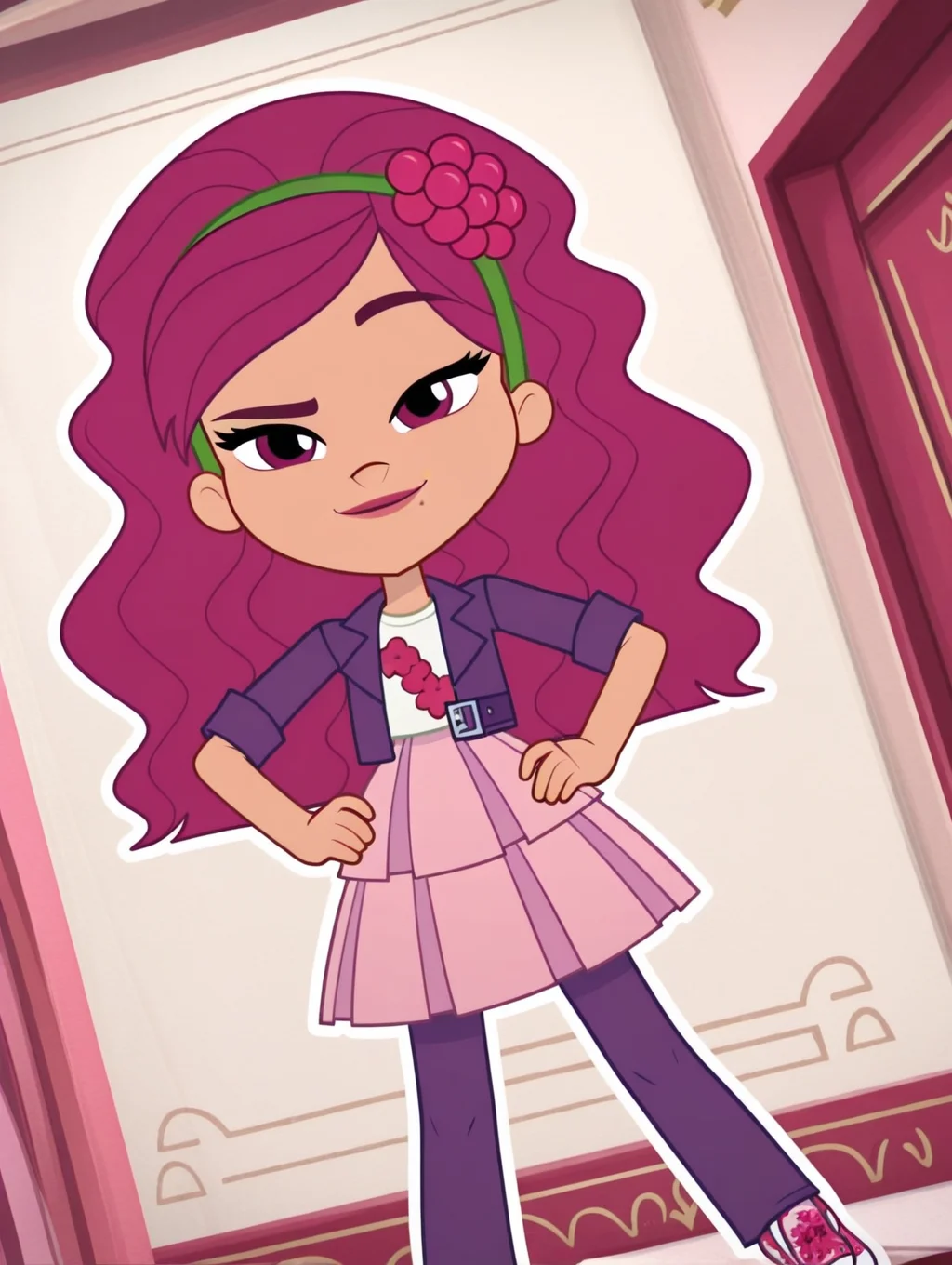 Raspberry_Tart, 1girl, solo, long hair, wavy hair, magenta hair, green headband, magenta eyes, light tan skin, mole, white shirt, purple cropped jacket, pink double pleated skirt, purple leggings, slip-on sneakers, (smile, dutch angle, Hands on hips,naughty pose, looking at viewer, indoors, elegant room, solo, dynamic pose, full_body, head tilt,),((white background, White frame, white outline))
