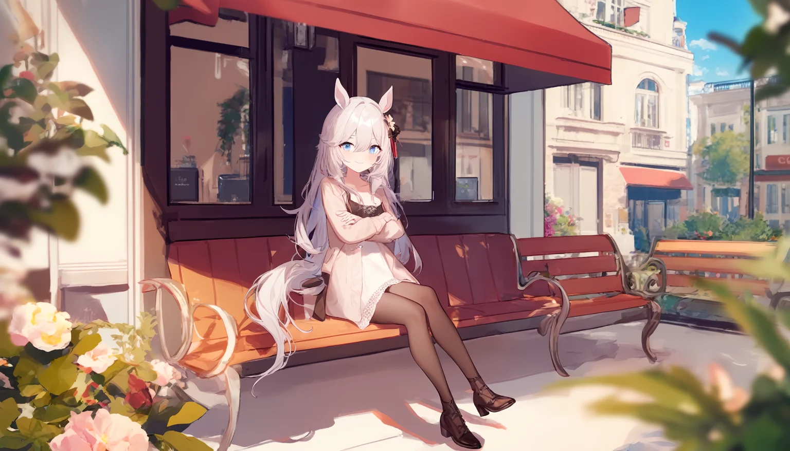 1girl, 
 umamusume, 
ask \(askzy\), torino aqua, migolu, 
solo, 1o1i, medium breasts, silver hair, (light purple hair:0.6), very long hair, cafe, fashion, casual, window, sunlight, sky, blurry background, flower, long hair, small breasts, closed mouth, crossed arms, alternate hairstyle, horse girl, breasts, pantyhose, horse tail, collarbone, blurry, hair between eyes, smile, horse ears, sitting, tea, alternate costume, bench, animal ears, jacket, official alternate costume, tail, blue eyes, looking at viewer, hair ornament, 
masterpiece, newest, absurdres, safe