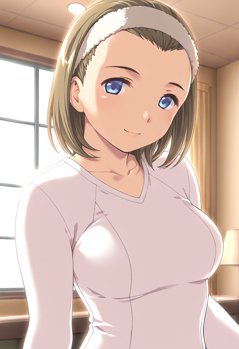 masterpiece, best quality, amazing quality, 1girl, solo, (portrait:1.2), wakanaww, blue eyes, brown hair, medium hair, hairband, medium breasts, white athletic leotard, long sleeves, looking at viewer, smile, indoors, skindentation, detailed clothing folds, depth of field, sharp, high contrast, dynamic light <lora:Shintaisou_Kari_Wakana_Sakurai_ill:1>