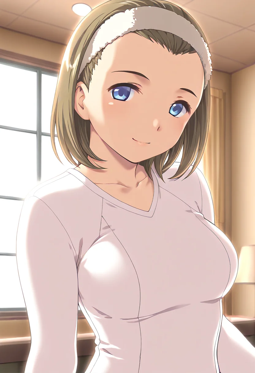masterpiece, best quality, amazing quality, 1girl, solo, (portrait:1.2), wakanaww, blue eyes, brown hair, medium hair, hairband, medium breasts, white athletic leotard, long sleeves, looking at viewer, smile, indoors, skindentation, detailed clothing folds, depth of field, sharp, high contrast, dynamic light <lora:Shintaisou_Kari_Wakana_Sakurai_ill:1>