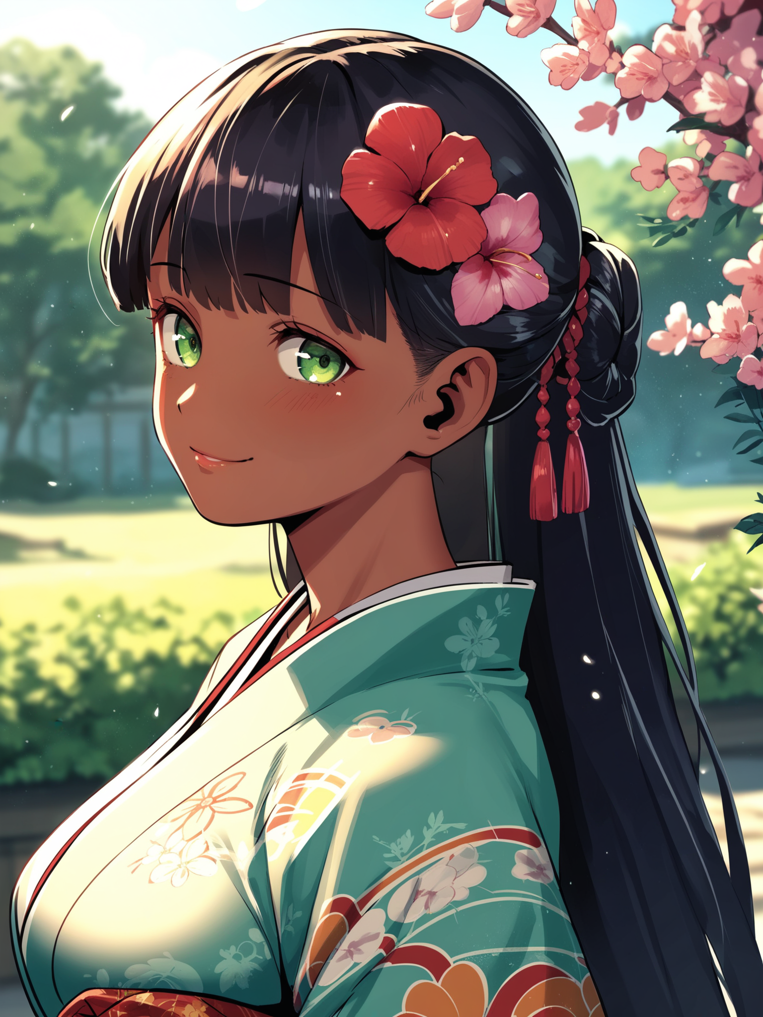<lora:happy_tentacle-ranee-v0.4-000028:0.9>, ht_ranee, dark-skinned female, hair flower, black hair, green eyes, large breasts, kimono, outdoors , 1girl, solo, upper body , , ( seductive smile :1), , looking at viewer , standing , from side , score_9, score_8_up, score_7_up, score_6_up, score_5_up, score_4_up