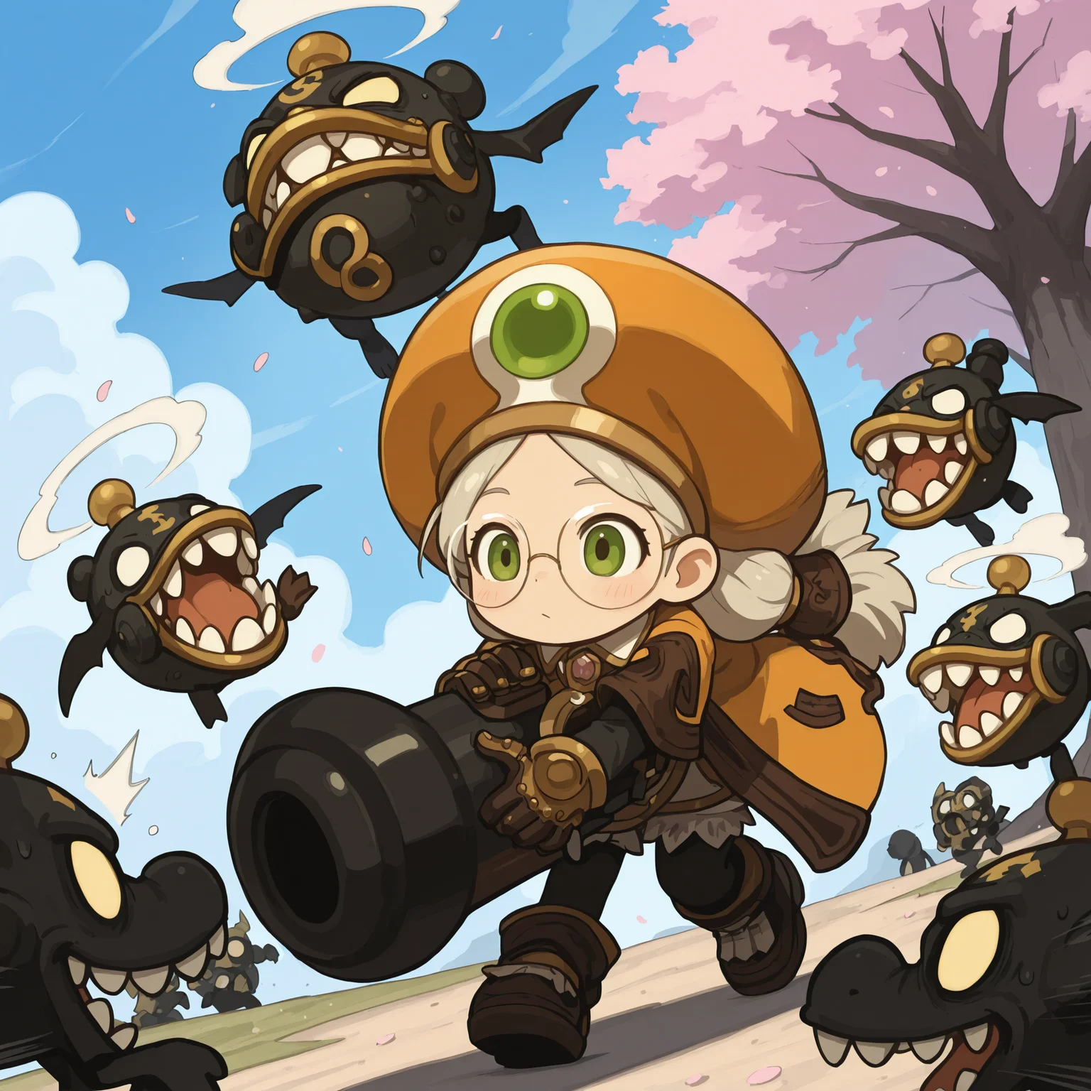 AcadDN01, orange hat, holding a cannon, battling with a group of green goblins, surrounded by sakura trees, cherry blossom flowing in air <lora:academic_dragonnest:1>