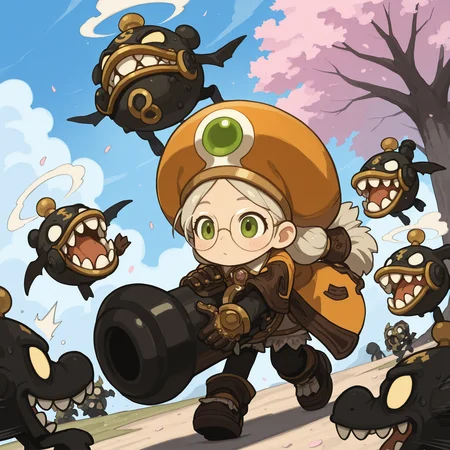 AcadDN01, orange hat, holding a cannon, battling with a group of green goblins, surrounded by sakura trees, cherry blossom flowing in air <lora:academic_dragonnest:1>