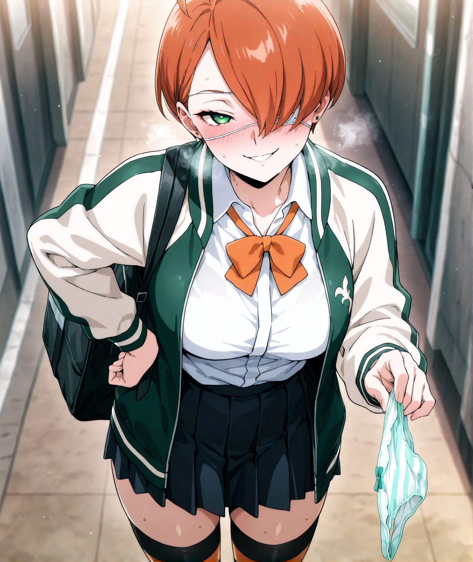 <lora:add-detail-xl:0.5>,,masterpiece, best quality, newest, absurdres, highres, detailed eyes, beautiful, detailed background, perfect eyes, anime coloring, anime screencap,
<lora:Holding_panties:0.5>Holding_pantiesV1,
1girl,panties,looking at viewer, naughty face, 
solo,standing, one hand lift,seductive smile, blush, 
one hand on own hip, heavy breathing, steam panties, 
holding panties with one hand,sweat, sweatdrop, 
<lora:Kuin Hachisuka illu:1> 1girl, short hair, orange hair, green eyes, white eyepatch, hair over one eye, school uniform, bag, pleated skirt, white shirt, jacket, jewelry,collared shirt, long sleeves, striped thighhighs,
20YO, milf,adult,