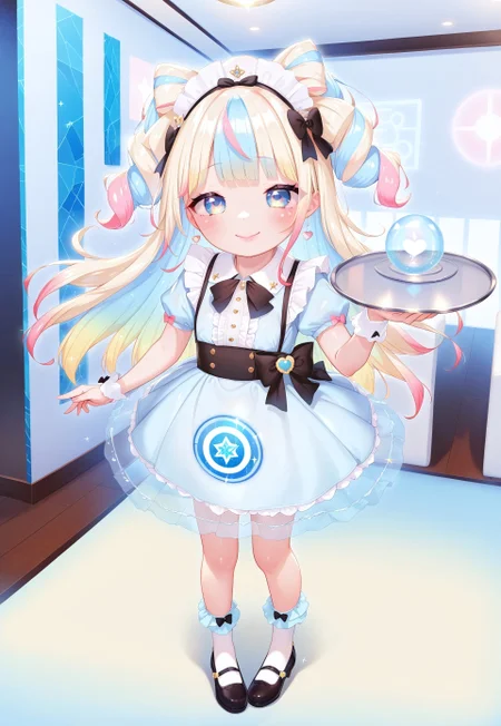 score_9, score_8_up, score_7_up, score_6_up, score_5_up, score_4_up, Henreader , 1girl, blue eyes, bangs, long hair, pastel hair, gradient hair, multicolored hair, masterpiece, best quality, absurdres,
(cute style, big eyes, bright pastel colors:1.3), standing, cute french maid wearing (pastel ruffled gleaming holographic:1.2) dress with lace maid gloves, soft lighting, Mary Janes shoes, short ruffled bobby socks, ruffles, glossy lipstick, blush, happy smile with half-closed eyes, ^_^, large bow, frills, serving tray,  inside rich mansion, detailed intricate background, sparkling hair, sparkling clothes, (shiny glossy holographic clothing, gleaming holographic fabric:1.1)