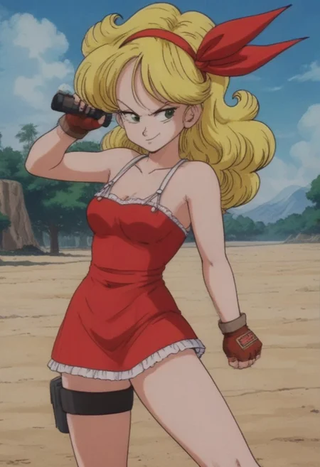 Outdoors, trees, blue sky, mountains, source_anime, source_cartoon, Thick outlines, 80s style anime filter, good angles
launch bad, smug face, blonde hair, long hair, curly hair, green eyes, red dress, red mini skirt, fierce look, fighting stance, pose