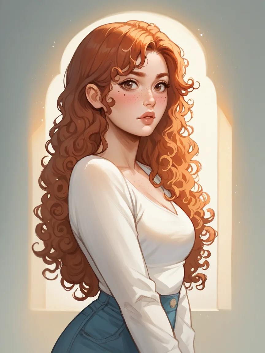 source_anime, score_9, score_8_up, score_7_up, score_6_up, score_5_up,  <lora:t0sh14XLP:1> t0sh14, blush, 1girl, long hair, curly hair, ginger hair, freckles, lips, curvy