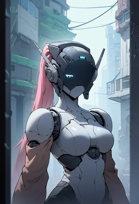 score_9, score_8_up, score_7_up, highly detailed, 1girl, medium breasts, female robot, robot girl, head screen, helmet, long pink ponytail, standing, luminescent futuristic screen, window, futuristic city in the background, screen for head, no face, head display with crt  glowing screen, digital eyes,
<lora:scav3ngersV4_epoch_1:1.8>,
