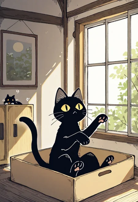 (masterpiece, best quality, high quality, highres), very awa, highres, absurdres,
chii-kun \(seedyoulater\), (naguru \(cyoroama\):0.8), (fuamusea:0.8), makoto shinkai, 
(cat:1.2), black cat, (no humans:1.1), paws, fur, (cute:1.2), comfy, solo, 
scared, stretching, OO,
sitting in a box, cozy room, window, day, sunlight, sun rays, beautiful background,