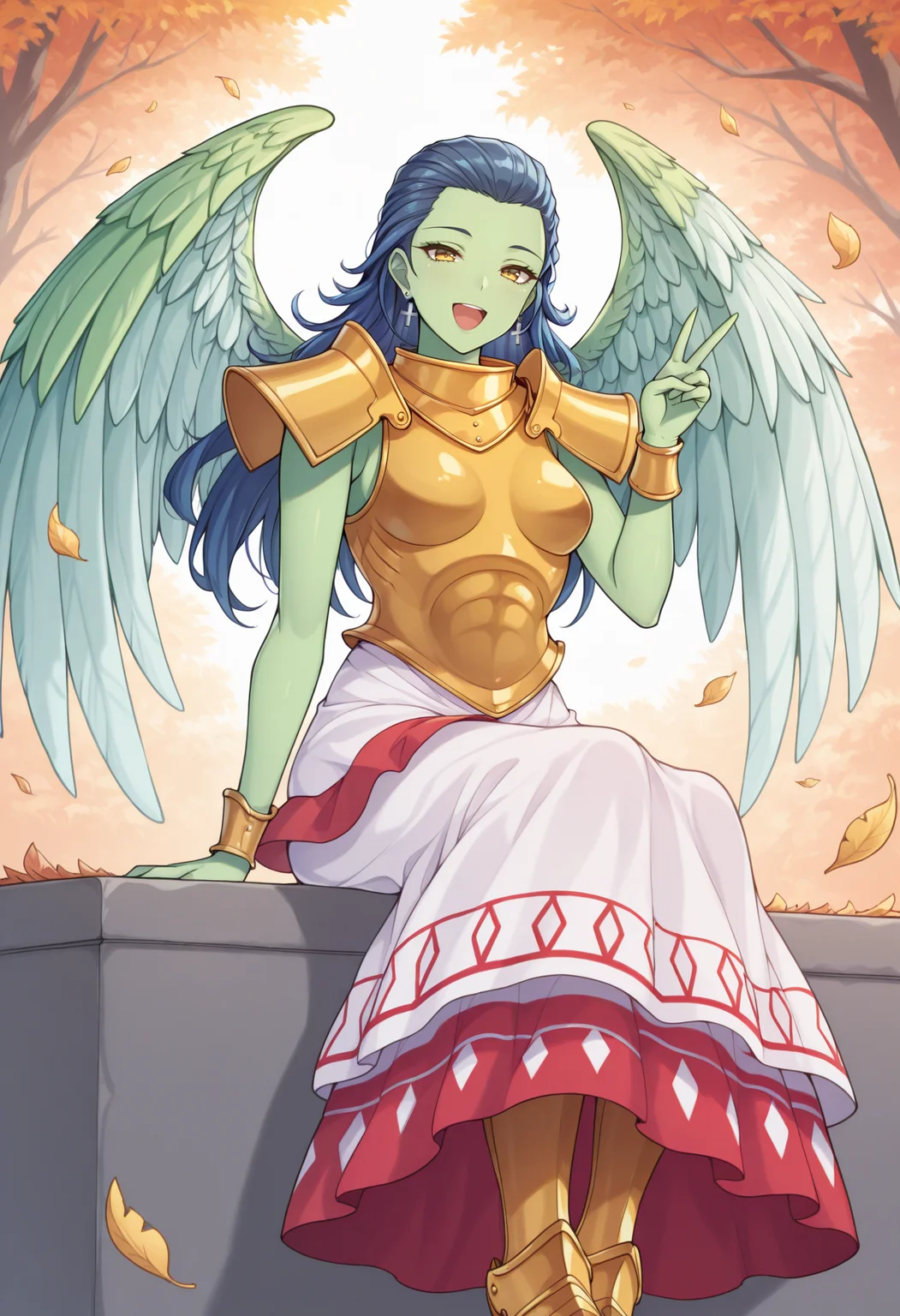 masterpiece, best quality, 1girl, :d, looking at viewer, v, sitting, <lora:GabrielSMT-illu:1> gaby, blue hair, hair slicked back, long hair, green skin, yellow eyes, cross earrings, gold armor, breastplate, shoulder armor, bracer, white skirt, layered skirt, long skirt, feathered wings, armored boots, outdoors, falling leaves, autumn