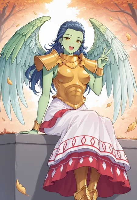 masterpiece, best quality, 1girl, :d, looking at viewer, v, sitting, <lora:GabrielSMT-illu:1> gaby, blue hair, hair slicked back, long hair, green skin, yellow eyes, cross earrings, gold armor, breastplate, shoulder armor, bracer, white skirt, layered skirt, long skirt, feathered wings, armored boots, outdoors, falling leaves, autumn