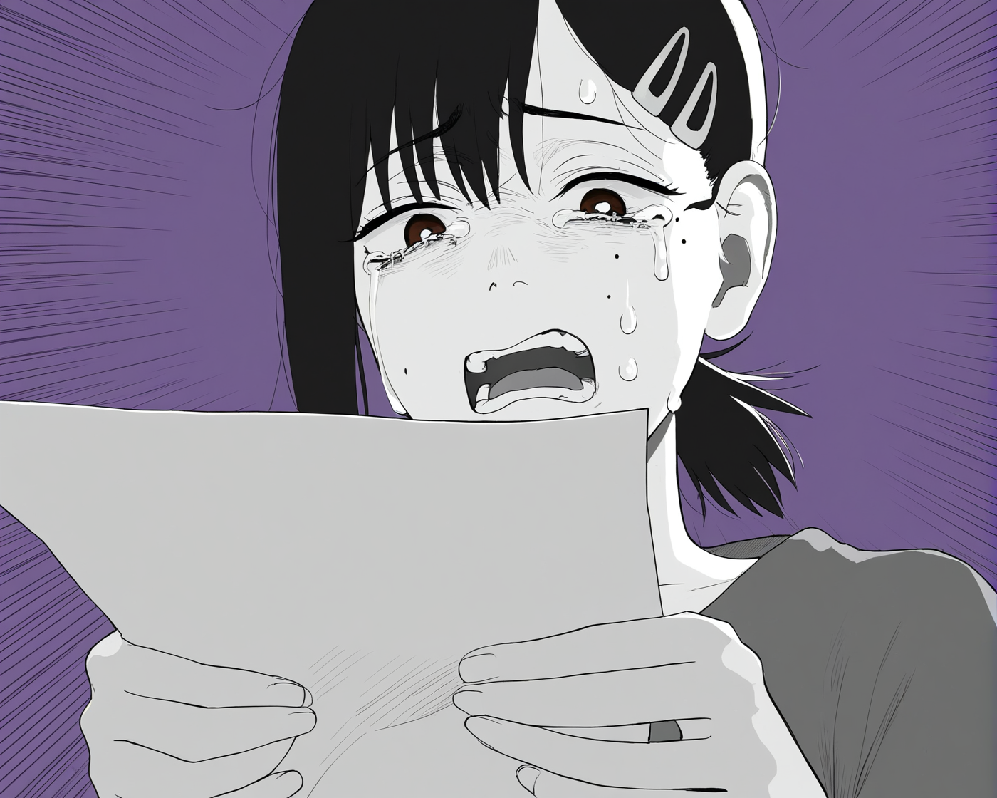 solo,open mouth,holding,1girl,looking down,purple background,holding photo,looking at object,holding paper,paper,greyscale with colored background,teeth,shirt,upper body,disgust,emphasis lines,
1girl,higashiyama kobeni,solo,hair ornament,crying,hairclip,brown eyes,tears,crying with eyes open,mole,single sidelock,mole under eye,sweat,sad,short ponytail,wipe tears,
(((masterpiece, best quality, amazing quality, very aesthetic,highres, absurdres))),newest,very awa,highres,
<lora:lookback-noob10-v2-000030:1>,