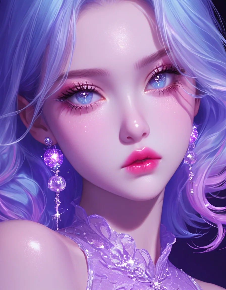 fantastical, ethereal aesthetic,1girl with pink and blue hair, wearing a purple lace top, looking pensive with a slight pout and sparkling earrings
 <lora:fea_xl_v2:0.85>