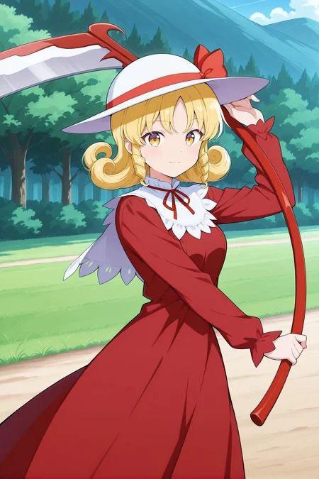 absurdres, highres, masterpiece, best quality, amazing quality, official anime artwork, screencap, anime screencap, outdoors, looking at viewer, light smile, dynamic pose, standing,
<lora:Elly_Illustrious:1> elly, 1girl, solo, yellow eyes, blonde hair, curly hair, short hair,, white hat, hat ribbon, red ribbon, red dress, neck ribbon, long sleeves, holding scythe,