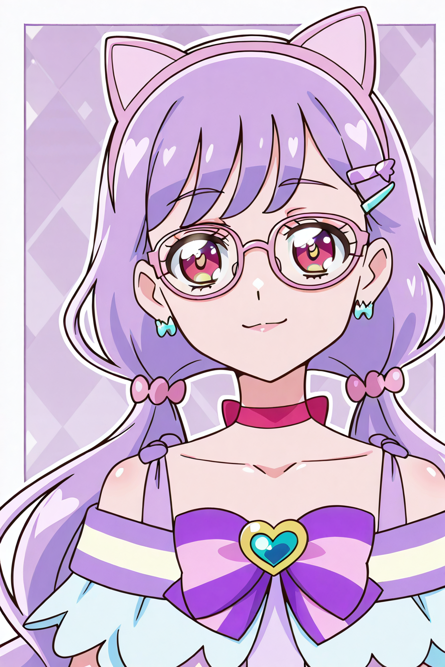 shiny skin, posing,
<lora:wonpri.il:1>,
wonpri,, (purple hair:1.2), very long hair, low pigtails,
red eyes, glasses, hairpin, cat headphones,  
hairpin,