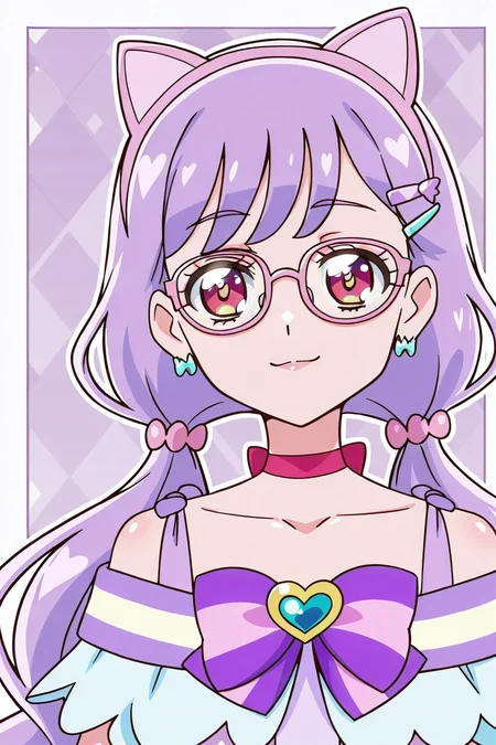 shiny skin, posing,
<lora:wonpri.il:1>,
wonpri,, (purple hair:1.2), very long hair, low pigtails,
red eyes, glasses, hairpin, cat headphones,  
hairpin,
