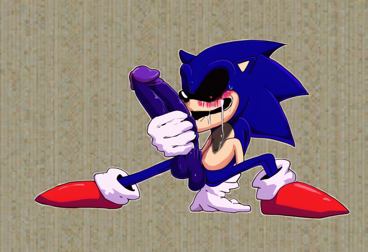 Luis_EXE, gloves, 1boy, animal ears, blue hair, shoes, socks, white gloves, white socks, spiked hair, red footwear, furry, furry male, body fur, white fur, animal nose, two-tone fur, blue fur, sonic the hedgehog, dark, menacing appearance, gleowing red eyes exaggerated, creepy elements features big penis, big balls, huge penis. Huge balls, blushing, masturbation