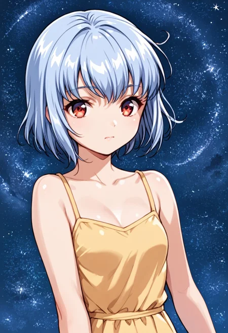 score_9, score_8_up, score_7_up, score_6_up, score_5_up, score_4_up, source_anime, Dee Triel, blue hair, short hair, red eyes, closed mouth, space, stars, body, arms, yellow dress