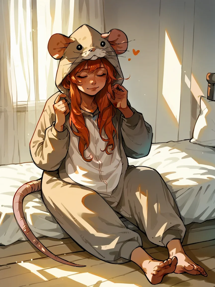 score_9, score_8_up, score_7_up, score_6_up, score_5_up, <lora:ratonsieXLP3:1> rat onsie, barefoot, animal costume, tail, 1girl, ginger hair, sitting, heart, bedroom <lora:dappledlightXLP:1> dappled light, dappled sunlight