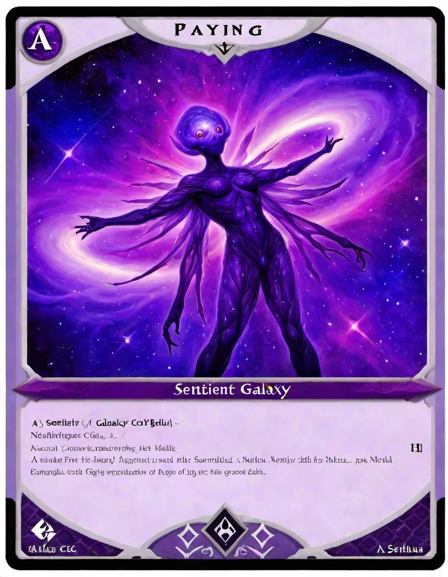 playingcard, tcg, <lora:Playing_cards:1>, mtg, a sentient galaxy, nebula, purple,
