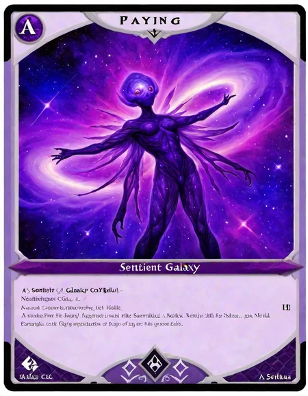 playingcard, tcg, <lora:Playing_cards:1>, mtg, a sentient galaxy, nebula, purple,