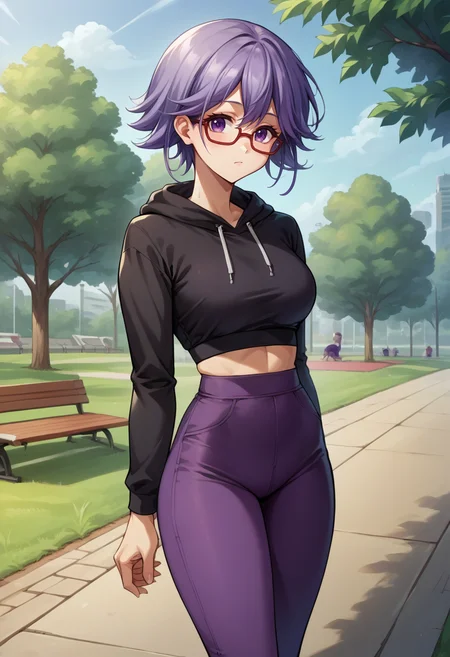 score_9, score_8_up, source_anime, 1girl, solo, KazukiHana, short hair, glasses, outdoors, park, black hoodie, high-waist pants, yoga pants, purple pants, light blush, <lora:ChamHanaKazukiPonyXL:1>