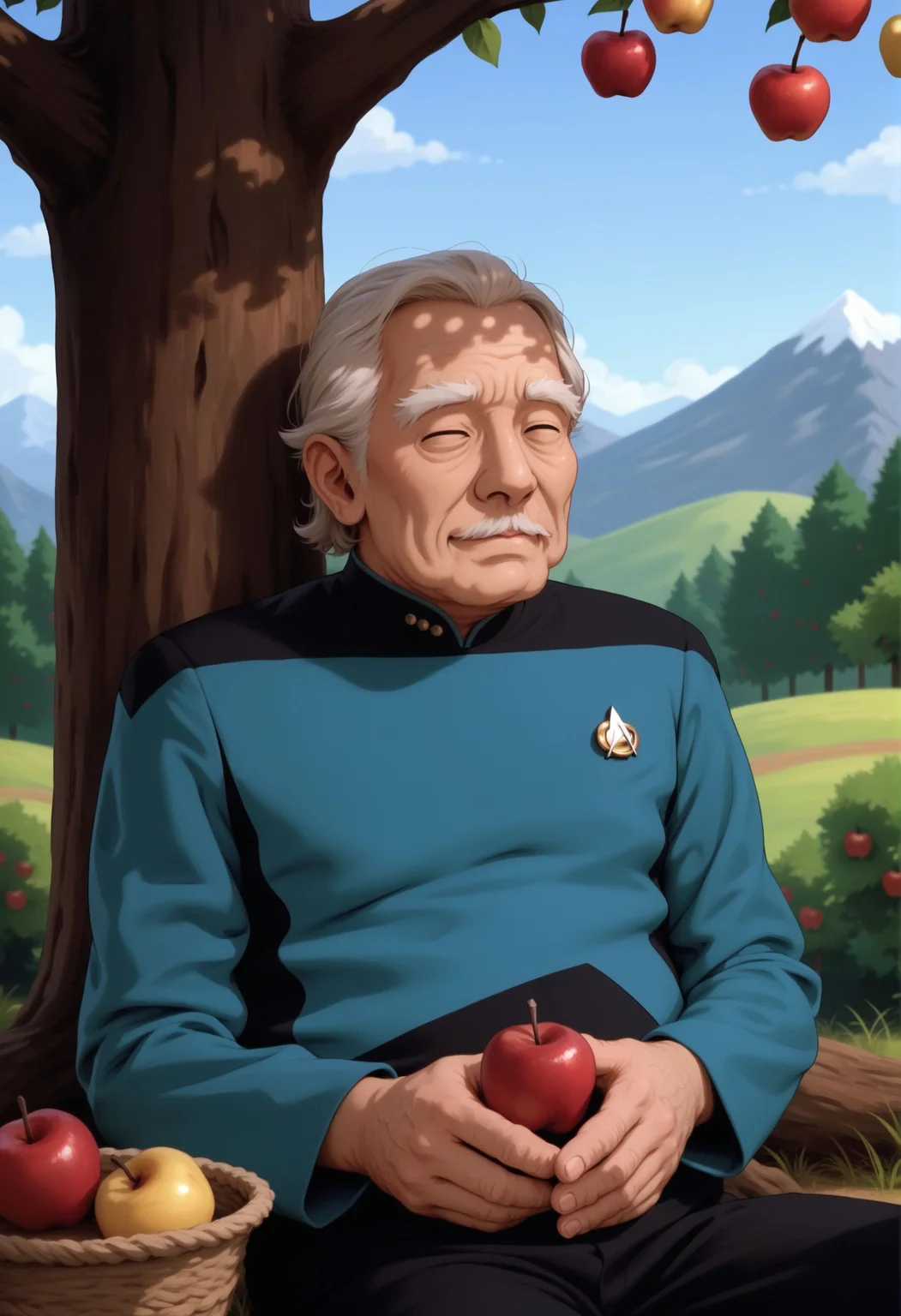 score_9,score_7_up,solo,1 man,old man,asian, mountain trail,apple tree,sitting,in shade,resting
s3stngunf,blue uniform,black pants
,<lora:STTNGponyStrong>