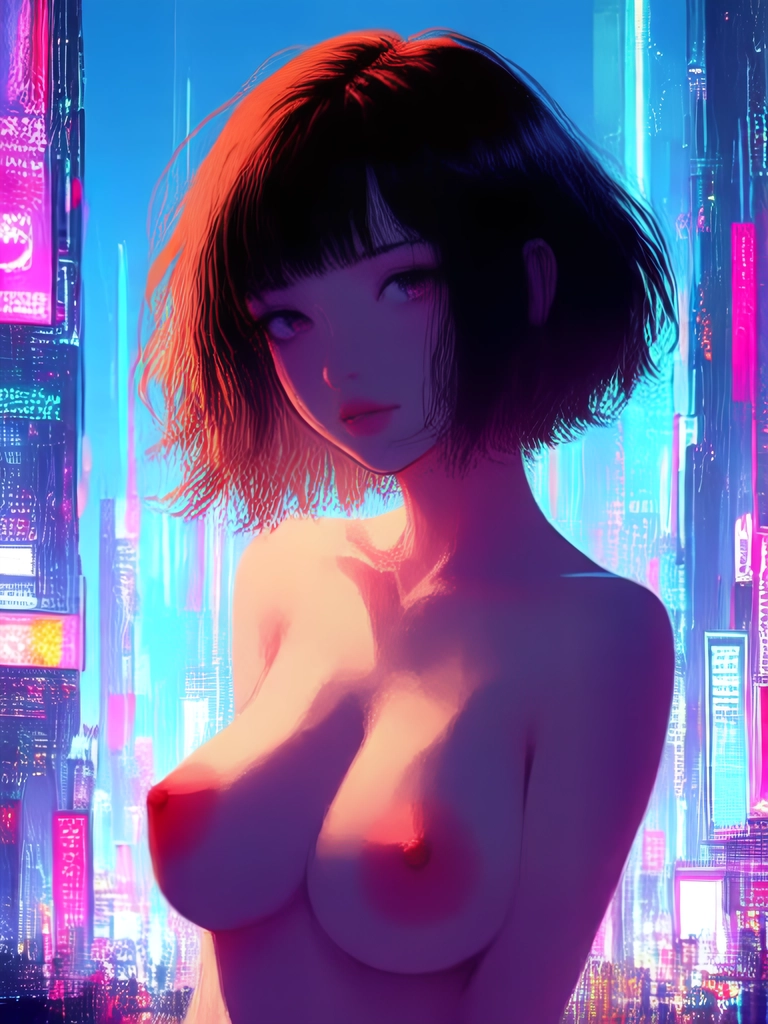 An animated painting in impressionistic style with bold brush strokes about the side silhouette of a beautiful woman with pretty eyes and shorter brown hair and large bare breasts with large nipples in a cyberpunk city with gigantic neon lit buildings. She turns her head directly at the viewer.