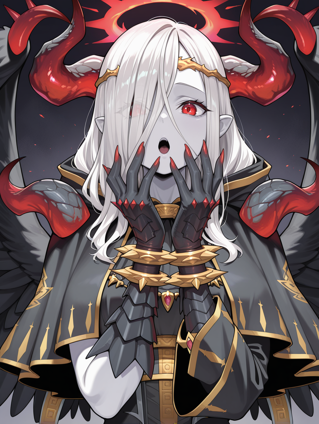 fallen angel, condemned darklord, 1girl, solo, open mouth, looking at viewer, red nails, upper body, hands up, white skin, red halo, gold circlet, black gloves, black feathered wings, black dress, black capelet, eyes visible through hair,
masterpiece,best quality,amazing quality,very aesthetic,absurdres,newest,<lora:Condemned Darklord illuXL v1.1:0.75>,