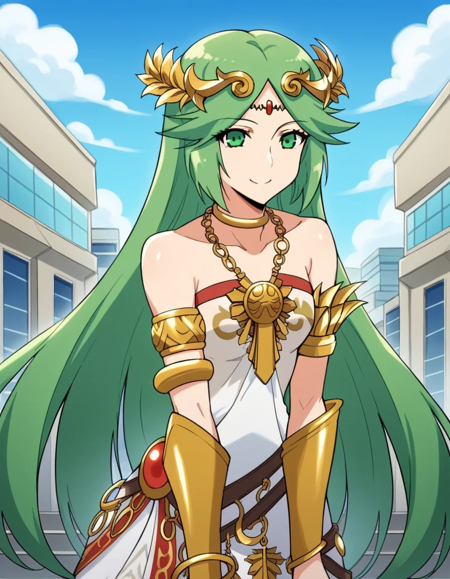 score_9, score_8_up, score_7_up, source_anime, <lora:palutena-trailer-ponyxl-lora-nochekaiser:1>, palutena, long hair, bangs, very long hair, green eyes, green hair, parted bangs,, dress, bare shoulders, jewelry, necklace, white dress, strapless, tiara, strapless dress, armlet, neck ring, gold,, floating city, sky, futuristic, architecture, clouds, smile, leaning forward,, looking at viewer, solo,, dutch angle, cowboy shot