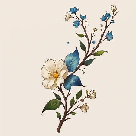 Score_9, score_8_up, score_7_up, score_6_up, BREAK <lora:Delicate_WhimsyPony:1> ArsMJStyle, Delicate Whimsy, The image shows a drawing of a flower with blue and white petals and green leaves on a white background., no humans, flower, simple background, white flower, blue flower, leaf, border, branch, white background, plant