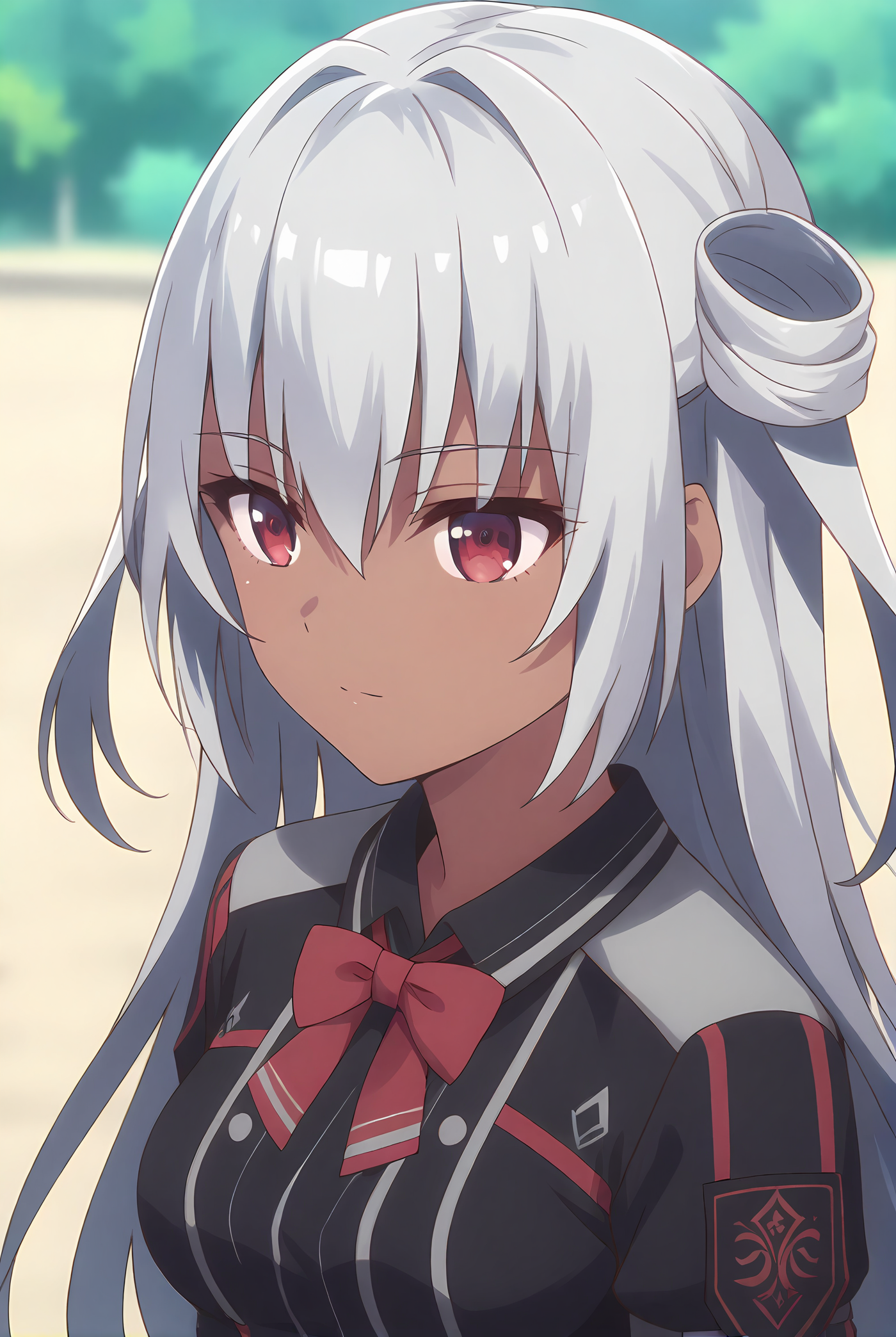 (upper body:1.30), gg-kerlich, red eyes, grey hair, long hair, dark skin, medium breasts, 1girl, solo, skinny, score_9, score_8_up, score_8, score_7_up, score_7, score_6_up, score_6, score_5_up, score_5, source_anime, lewd, outdoors, (0.2:close-up depth of field:1.20), (:1.20), , <lora:gg-kerlich-V01-000002:0.90>