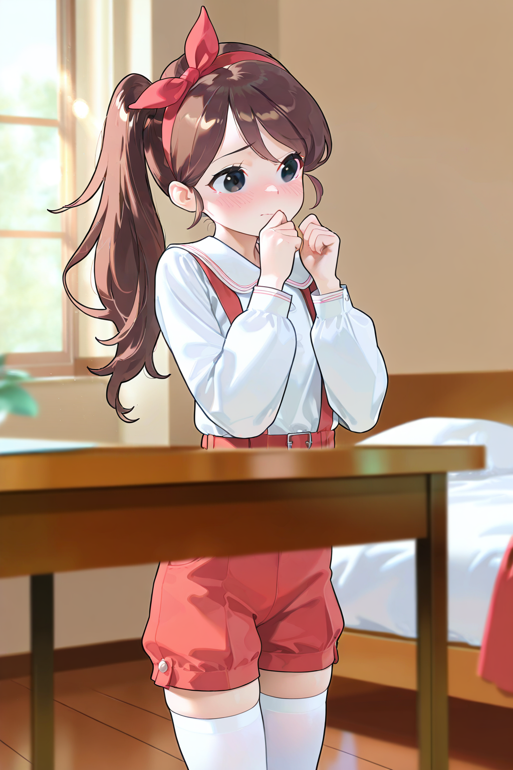 girl,suspender_skirt,brown hair,black eyes,shy,blush,red bow,bow headband,Side ponytail,red skirt,white_thighhighs,<lora:ééå¥³å­©noobXL-000026:1>,<lora:é¬¼éèæ¨¡åNoobXL-000032:0.5>,shorts,red_shorts,indoors,desk,bed,window,, masterpiece,illustration,Depth of field,(Cinematic Lighting),blurry foreground,, light_rays,ray tracing,gloss,reflection,